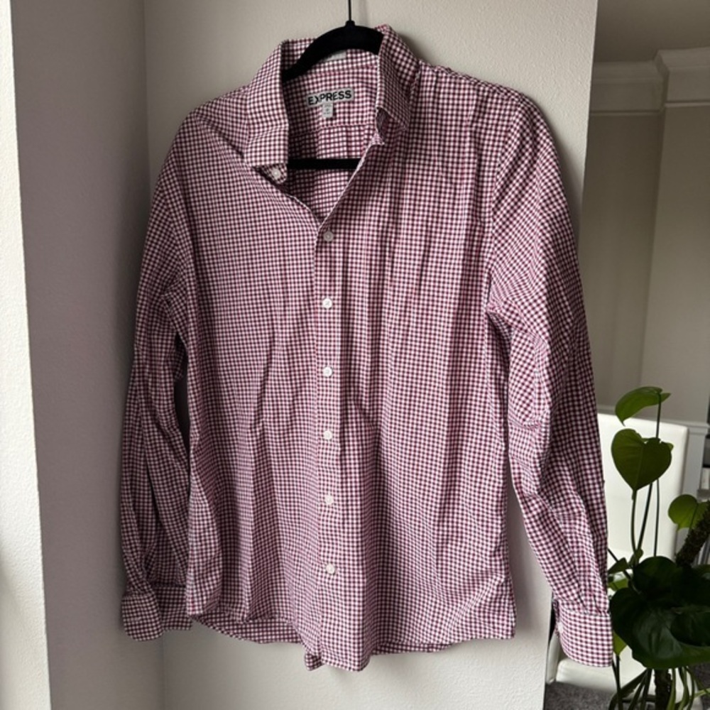 Express Men's Red and White Checkered Button Down Shirt